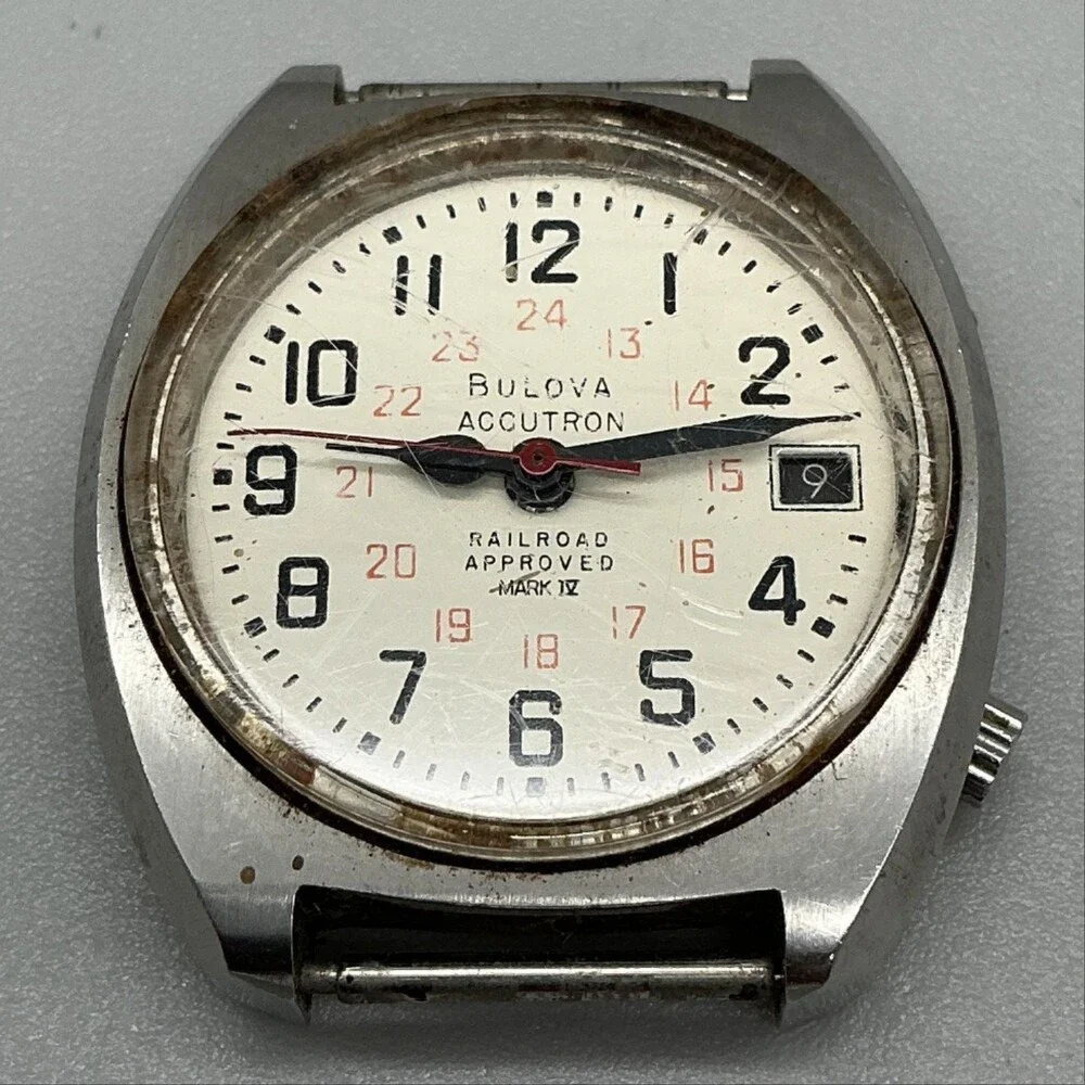 Vintage Bulova Accutron Railroad Mark IV Mens Watch 36mm Cream Dial For Parts